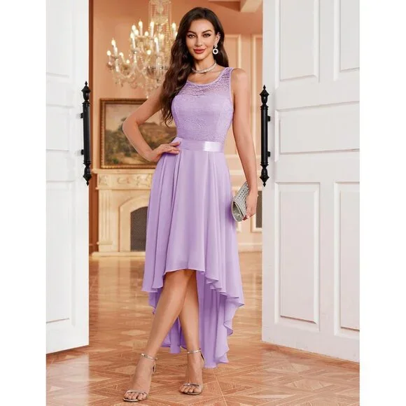 BeryLove Women Lavender Chiffon Scoop Neck Sleeveless Lace Cocktail Dress - Picture 2 of 7